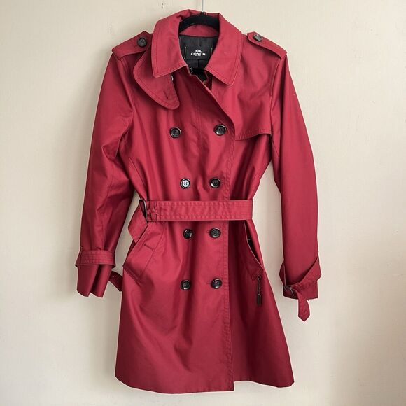 Coach Jackets & Blazers - Coach Bergundy Maroon Wine Women’s Mid Length Trench Coat Size Large EUC